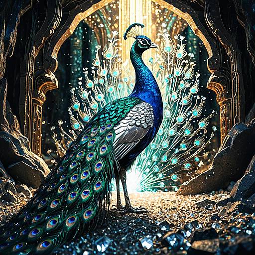 Luminescent Crystal Peacock in Ancient Cavern