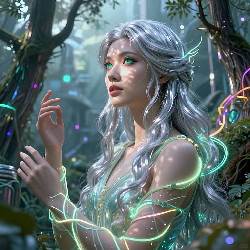 Digital fantasy artwork of an ethereal, silver-haired woman with glowing, neon-blue and green lights entwining her arms and chest, standing in a