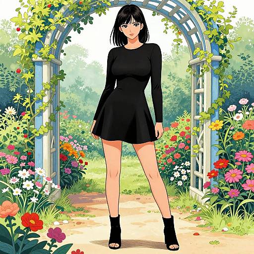 Anime-style digital artwork of a black-haired woman in a black dress and ankle boots standing under a flower-covered archway in a vibrant garden.