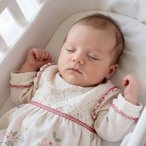 Photograph of a sleeping baby with light skin, closed eyes, and short brown hair, wearing a white lace dress with pink trim, lying in a