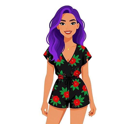 Digital illustration of a smiling woman with long purple hair, wearing a black floral romper with red flowers and green leaves.