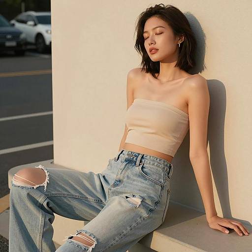 Woman in Bandeau Top and Ripped Jeans Sitting Outdoors