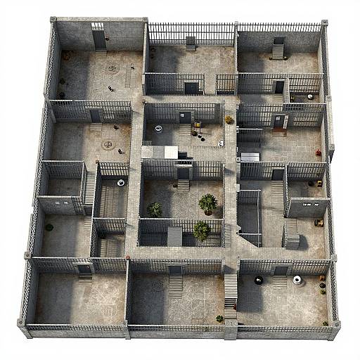 Aerial photograph of a multi-story concrete building with grid-like balconies, each with metal railings, and small patches of greenery on the ground