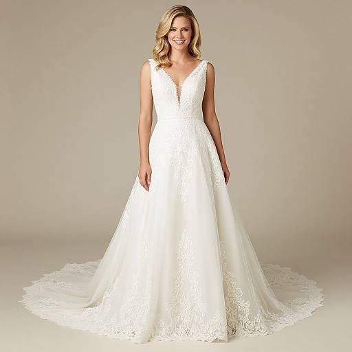 Photograph of a smiling blonde woman in a sleeveless, lace, white wedding gown with a deep V-neck and long train, standing against a plain