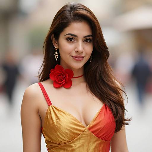 Photograph of a beautiful Indian woman with long brown hair, wearing a golden-red dress with a red rose choker, and dangling earrings, smiling confidently