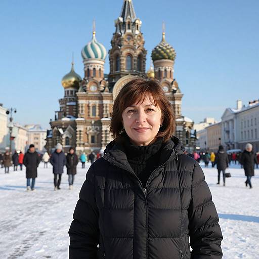 Photograph of a smiling Caucasian woman with short brown hair in a black puffer jacket, standing in front of a snowy Red Square with the colorful dom
