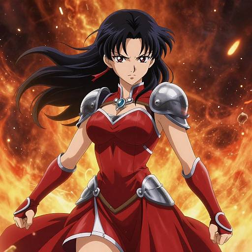 Anime-style drawing of a fierce, dark-haired woman in red armor and dress, standing against a fiery, explosive background. She has determined eyes, a