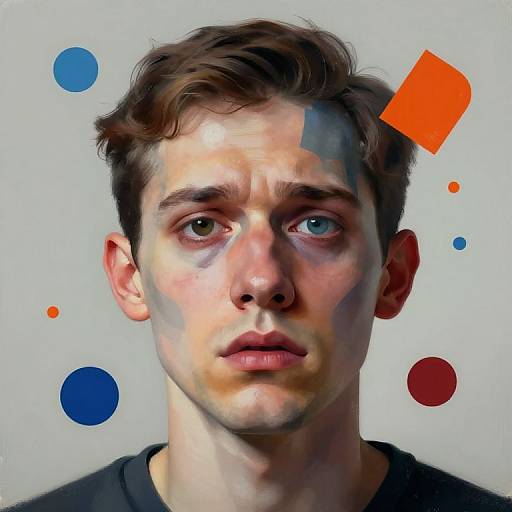 Digital portrait of a young man with brown hair, blue and heterochromatic eyes, pale skin, wearing a black shirt, with colorful geometric shapes (