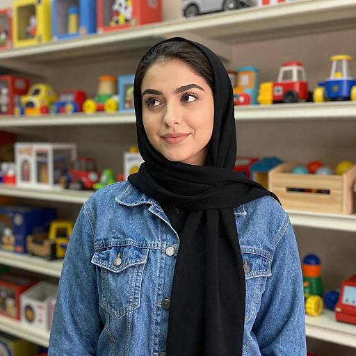Woman in Hijab and Denim Jacket in Toy Store