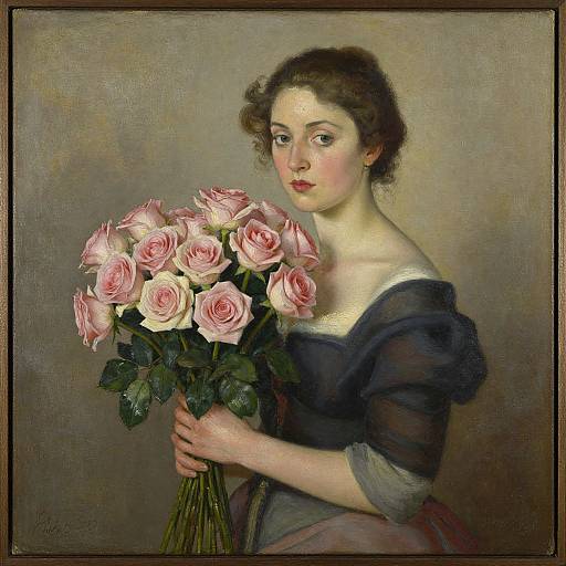 Classical oil painting of a fair-skinned woman with curly brown hair, wearing a dark blue off-shoulder dress, holding a bouquet of pink