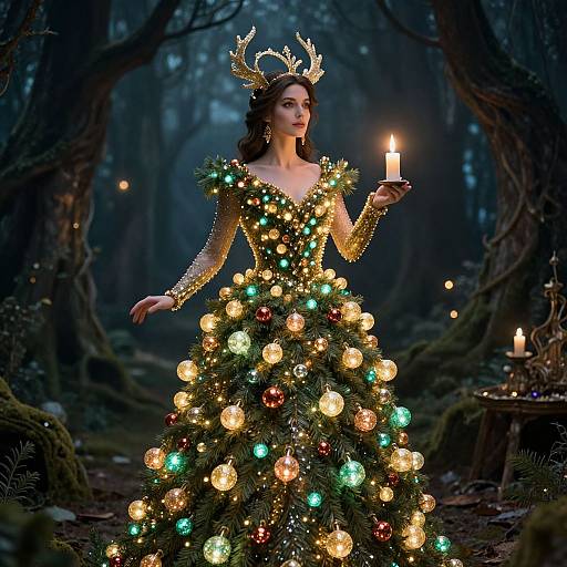 Photorealistic digital art: Enchanted forest, dark blue night. Woman in glowing Christmas tree dress, antlers, holding candle, surrounded by