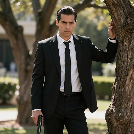 Serious Man with Handgun in Garden