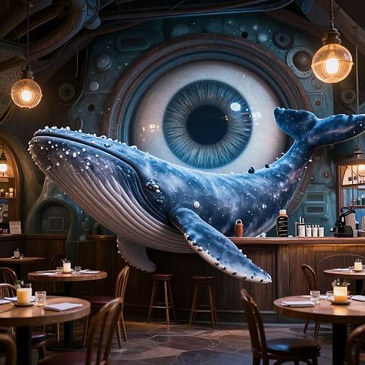 Photograph of a whimsical restaurant with a large, illuminated blue whale statue in front of a giant eye mural, surrounded by cozy wooden tables and warm