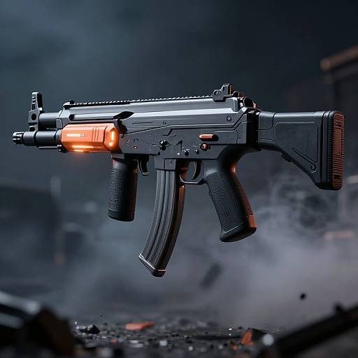 Photorealistic CGI of a black, futuristic, glowing-orange-handled assault rifle mid-air, set against a smoky, dark urban battlefield backdrop.