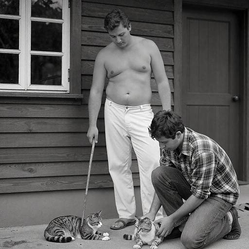 Black and White Portrait of Two Men and Cat