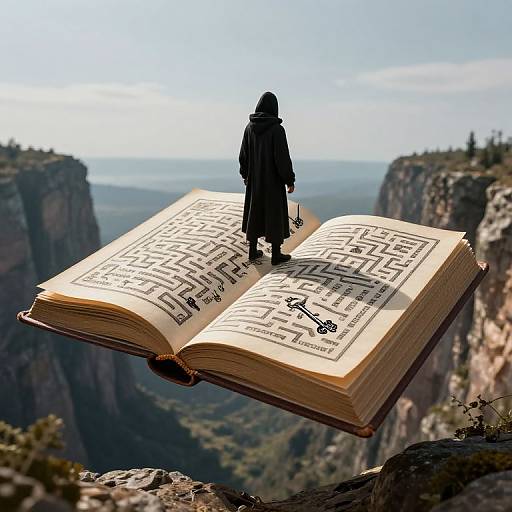 Photograph: Silhouetted hooded figure stands on massive, open magical book with maze-like pages, floating above a canyon landscape.