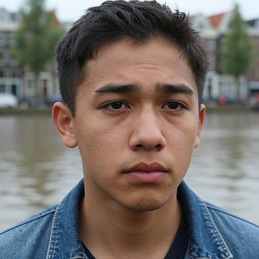 Photograph of a young Asian man with short black hair, wearing a blue denim jacket, standing by a blurred urban canal.