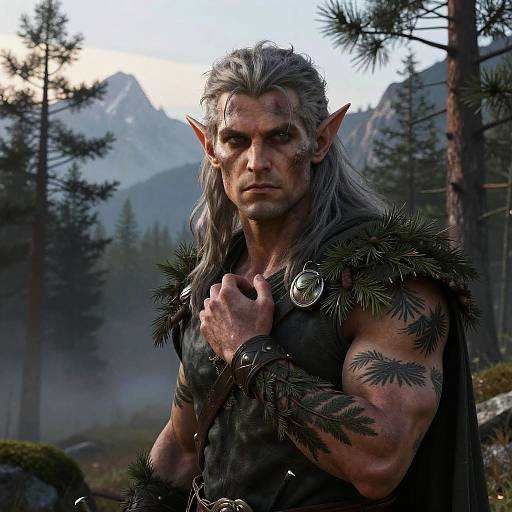Half-Elf Druid in Mountainous Pine Forest