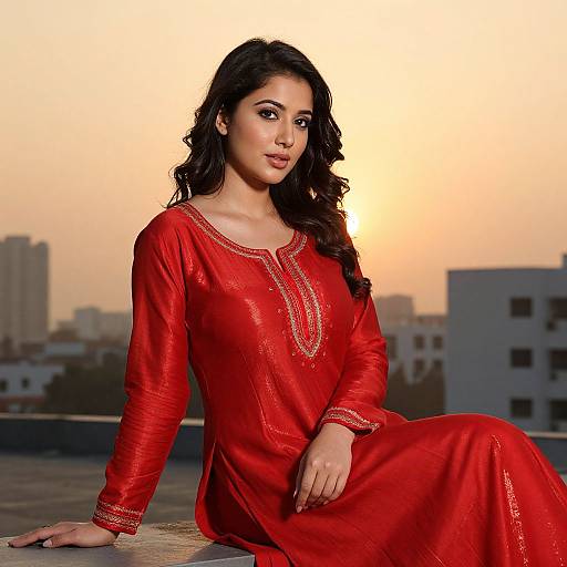 Photograph of an attractive South Asian woman with long black hair, wearing a red embroidered traditional kurta, sitting on a rooftop at sunset. Urban skyline