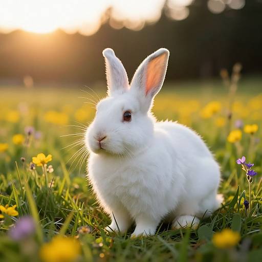 Photograph of a fluffy white rabbit with pink-tinted ears, sitting in a sunlit field of yellow flowers and green grass.