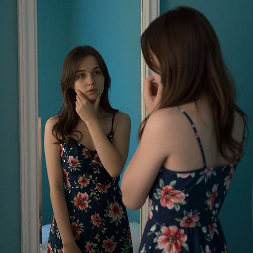 Photograph of a young woman with long brown hair, wearing a floral dress, standing in a blue-walled room, staring at her reflection in a