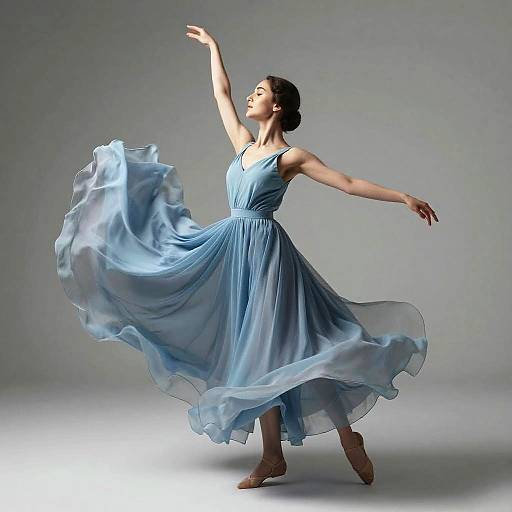 Photograph of a ballet dancer in a flowing, blue, sleeveless dress, gracefully extending arms and twirling, against a gray studio background.