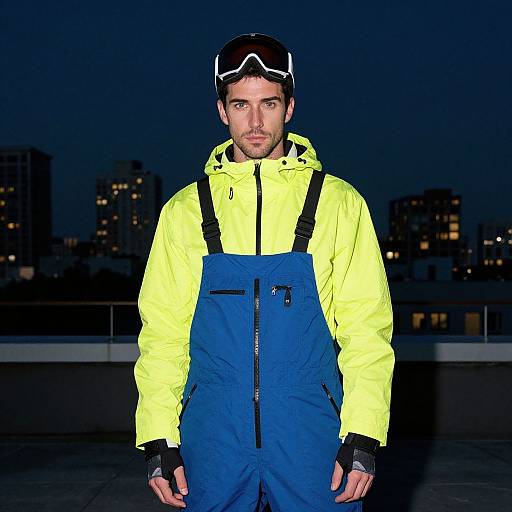 Photograph of a serious-looking man in a neon yellow jacket and blue overalls, wearing goggles, standing on a rooftop at night with city lights in