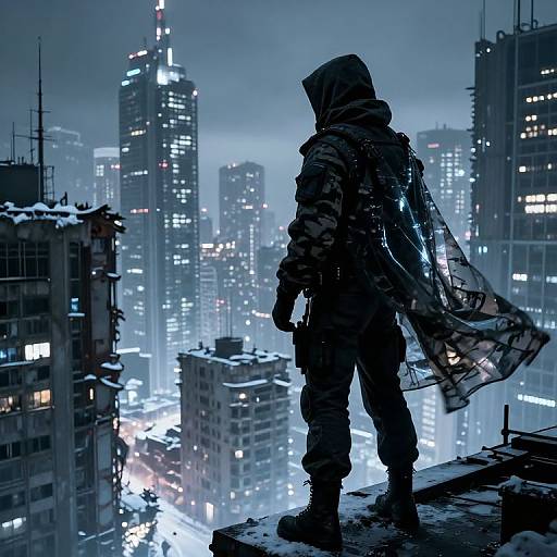 Silhouetted figure in hooded cloak and translucent cape stands on snowy rooftop, gazing over illuminated, rainy city skyline. Digital art.