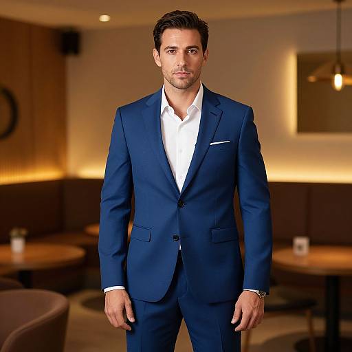 Photograph of a handsome, dark-haired man in a navy blue suit, white shirt, standing in a warmly lit, modern restaurant.