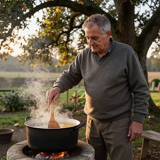 Photograph of an older white man with gray hair, wearing a gray sweater and brown pants, stirring a boiling pot over a campfire in a sun