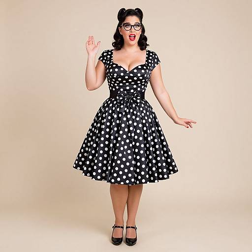 Photograph of a curvy woman with fair skin, black hair in a vintage curl, wearing red lipstick, black polka dot dress, glasses,