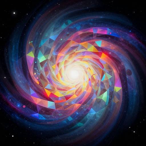 Digital artwork of a vibrant, swirling galaxy with a bright central sun, surrounded by colorful, geometric crystal-like shapes and a dark, star-speckled