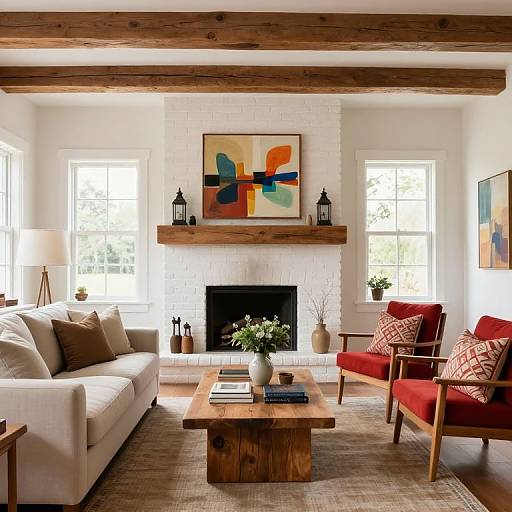 Cozy modern living room with white brick fireplace, wooden beams, white sofa, red armchairs, wooden coffee table, abstract art, and natural