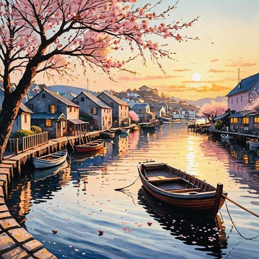 Old Harbor Village at Sunrise with Cherry Blossoms Old Harbor Village at Sunrise with Cherry Blossoms