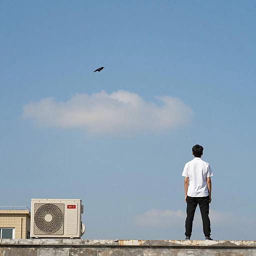 Photograph of a man in a white shirt and black pants, standing on a rooftop, watching a black helicopter fly in a clear blue sky, with