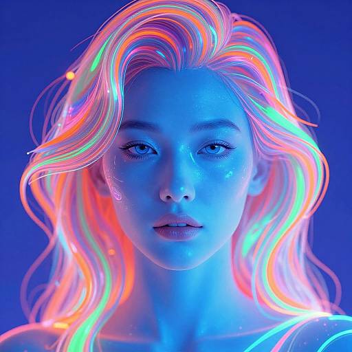 Photograph of a woman with glowing, neon rainbow hair against a deep blue background, highlighting her serene expression and ethereal appearance.