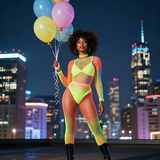 Nighttime cityscape photograph of a confident Black woman with curly hair, wearing a neon yellow fishnet bodysuit, holding colorful balloons, standing on