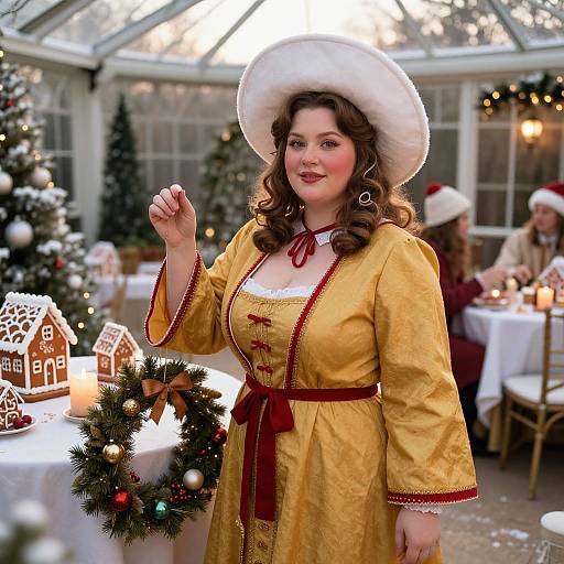 Photograph of a curvy woman in a yellow Victorian-style dress and white hat, standing in a festive greenhouse with Christmas trees, candles, and holiday