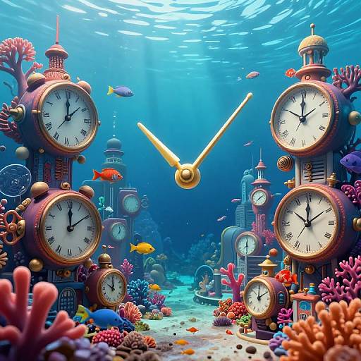 Underwater fantasy scene with colorful coral reefs, multiple clock towers, and a yellow clock hand flying through blue water.