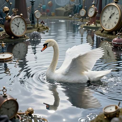 Photograph of a white swan with wings spread, swimming in a reflective, clock-surrounding water pool, creating a whimsical, time-themed