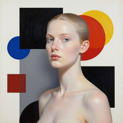 Photorealistic digital painting of a pale, blonde, bare-shouldered woman with blue eyes, minimal makeup, against a geometric background with black,