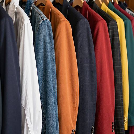 Photograph of a colorful clothing rack with various jackets, including white, blue denim, orange, navy, red, yellow, and plaid.