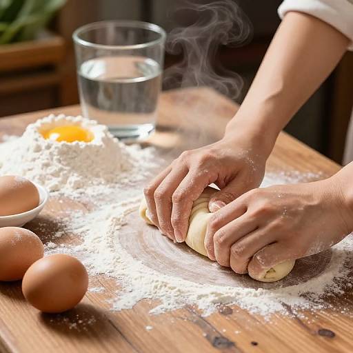 Photograph of hands rolling dough on a wooden table covered in flour, with eggs, a glass of water, and smoke rising.