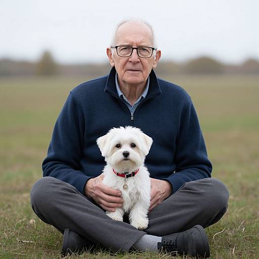 Elderly man with glasses, bald, wearing navy sweater and gray pants, sitting cross-legged, holding white fluffy dog with red collar, in grass