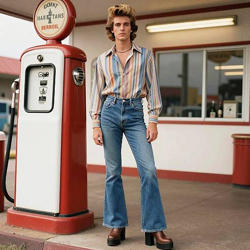 Retro 70s Man at Vintage Gas Station