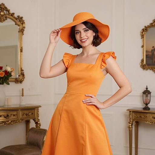 Photograph of a smiling woman in an orange dress and wide-brimmed hat, standing in an elegant, vintage-style room with gold mirrors and orn