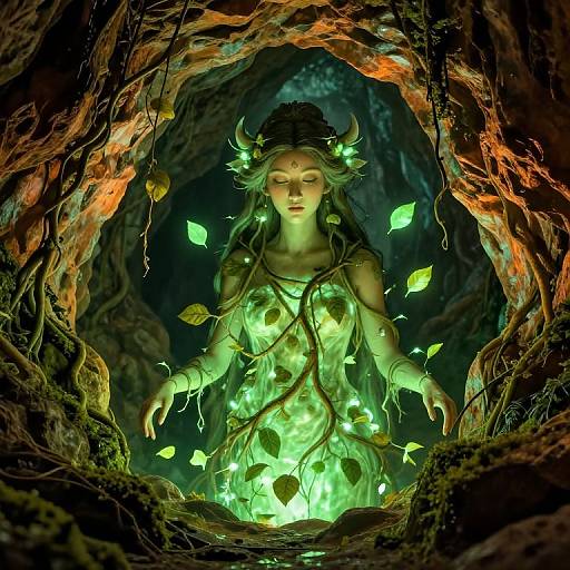 Mystical Earth Goddess in Glowing Cave