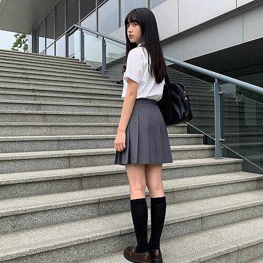 Japanese Schoolgirl Standing on Stairs