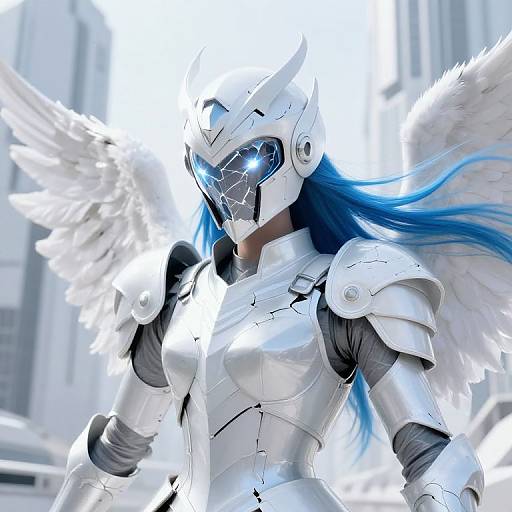 Digital artwork of a silver armored female warrior with blue hair, glowing visor, and white angel wings, standing in a bright, blurred architectural background.