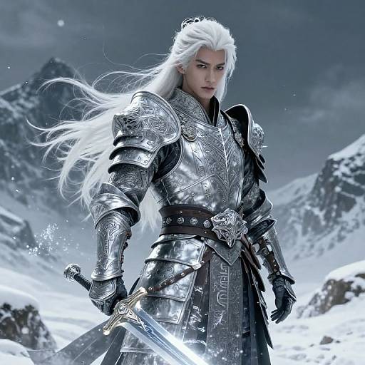 Digital artwork of a white-haired, stern-faced warrior in silver, ornate armor with a sword, standing in a snowy mountain landscape.